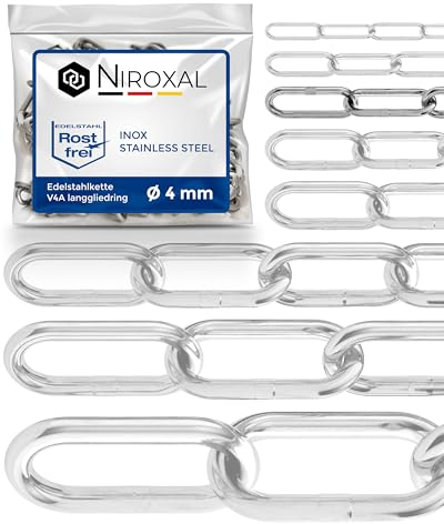 50 Meter 4mm starke Eisenkette Meterware V4A Absperrkette langgliedrig am Stück A4 Stahlkette DIN5685 Metallkette DIN763 rostfreie Kette Edelstahl Gliederkette 50m