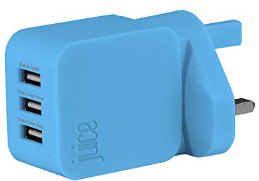JUICE Triple USB port universal mains charger for use with Apple iPads, iPhones & other Smartphones & Devices, Aqua