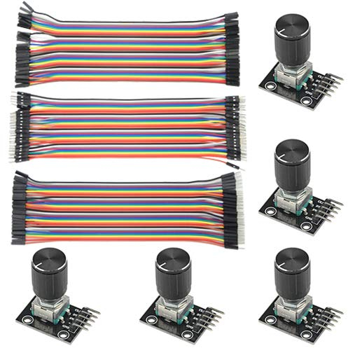 WMYCONGCONG 5 Stück KY-040 Drehgebermodul Ziegelsensor mit 120 Stück mehrfarbigem Breadboard-Überbrückungskabel Flachbandkabelsatz
