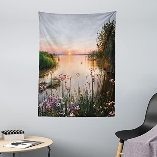 ABAKUHAUS Natur Wandteppich, Sonnenuntergang am See Chudskoy aus Weiches Mikrofaser Stoff Waschbar ohne Verblassen Digitaldruck, 110 x 150 cm, Rosa und blau