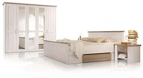 LUBA Komplett-Schlafzimmer, Material MDF, weiss piniefarbig /trüffelfarbig