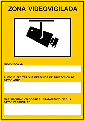 Cartel Videovigilancia METÁLICO | Tamaño A4 Con Adhesivo y Agujeros para Fijación | Resistente e Inoxidable | Zona Videovigilada | Para Alarmas + Cámaras Seguridad | Homologado según RGPD 2016/679 |