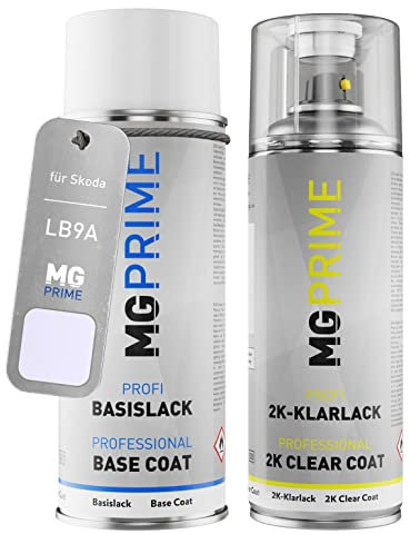 MG PRIME Autolack 2K Spraydosen Set für Skoda LB9A / B4 Candyweiss Basislack 2 Komponenten Klarlack Sprühdose