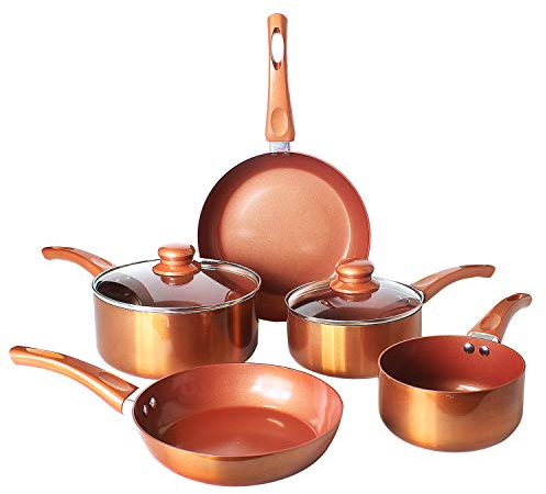 7 Piece Copper Pan Set Non Stick Aluminium Induction Hob Ceramic Stainless Steel