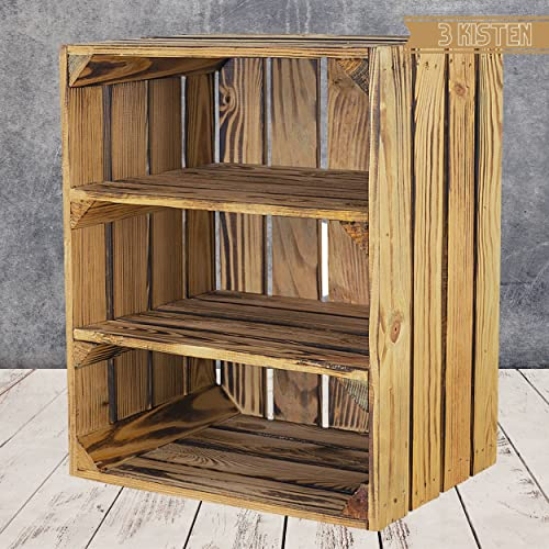 Moooble 3 geflammte Holzkisten hochkant | mit zwei Mittelbrettern | 40x30x50 cm | Obstkiste als Nachtschrank, Ablage oder Dekoration