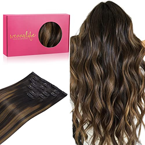 WENNALIFE Clip in Extensions Echthaar, 35cm 14 Zoll 120g 7pcs Balayage Natürliches Schwarz bis Chestnut Braun Hair Extensions Clip in Echthaar Remy Clip in Haarverlängerung Echthaar Extensions