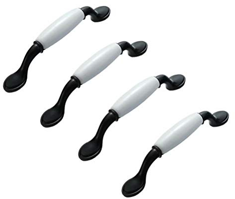 BOZONLI 4 Pack Ceramic Handles, Cupboard Handles, Door Knobs Drawer Handles Cabinet Drawer Cupboard Kitchen Ceramic Pull Handle, Black/White Porcelain, 128mm