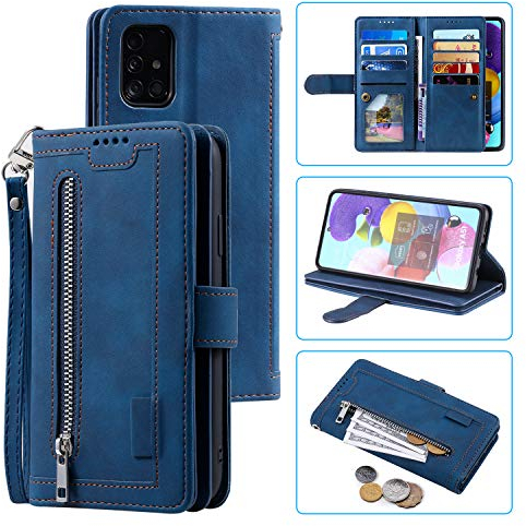 EYZUTAK Handyhülle für Samsung Galaxy A51 Hülle,Flip Case Lederhülle Reißverschluss Magnetverschluss Brieftasche mit 9 Kartenfächern Standfuntion Retro Matt Ledertasche-Blau