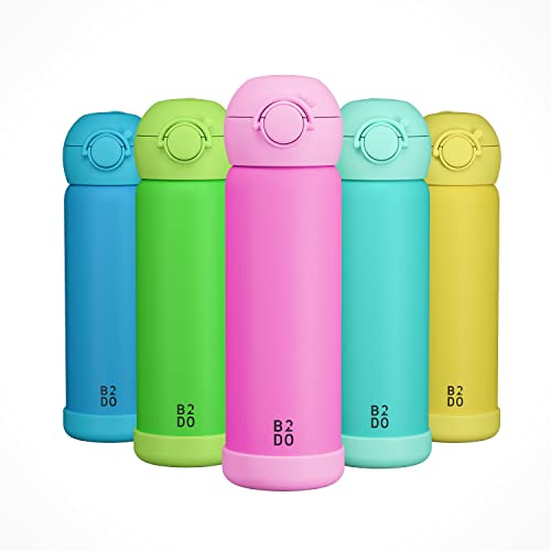 B2DO Doppelwandige Edelstahl Thermoflasche für Kinder Rosa 500ml| Auslaufsichere isolierte Kinder Trinkflasche für die Schule | BPA-freie Trinkflasche mit Trinkhalm für Kinder