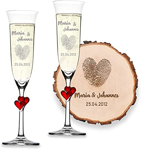 polar-effekt Geschenkset Holzscheibe Baumscheibe mit 2 personalisierte Sektgläser - verziert mit Herz - Wunschname - perfekt für Hochzeit oder Jahrestag - Motiv Herz