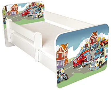AS-TOR Kinderbett Jugendbett Igor 80x160cm mit Matratze und Abnehmbarem Geländer - Bett Schlafzimmer Kindermöbel Kinderbetten für Mädchen und Junge, Massivholz, Solide und Sicher, Autos