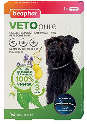 Beaphar – VETOPURE – Collier Répulsif Antiparasitaire Réfléchissant pour Chien et Chiot – Aux extraits de Margosa & Lavandin – Contre Puces, Tiques et Moustiques –Protection 3 Mois– Collier Noir 60cm