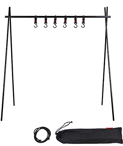 NUZAMAS Large Tripod Camping Hanging Rack With 5x Hook Cookware Storage Portable, Outdoor Camping Folding Rack, Cooking Tripod, Drying Clothes, Pot Roast, Grilling Picnic Camping BBQ Hanger