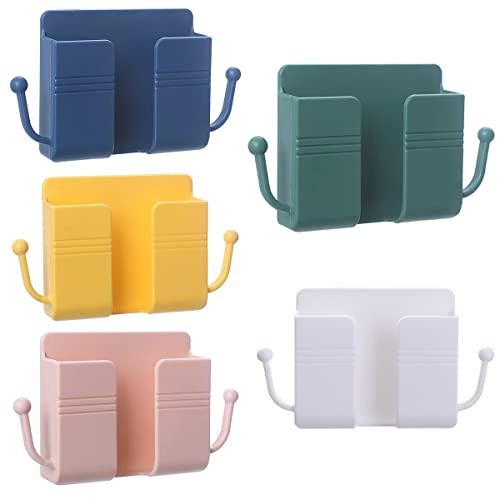 WANGCL 5 Pieces Wall Mount Phone Holder Self Adhesive Wall Beside Organizer Storage Box Plastic Multifunction Bracket for Bedroom (White Yellow Green Pink Blue)