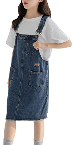 Yimutian Mädchen Jeans Latzkleid Jeans Latzrock Kinder Jeansskirt Jeansrock Verstellbar Träger Jeanskleid mit Hosenträger Blau 164