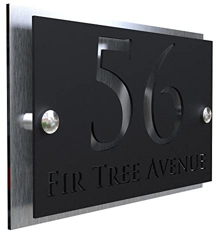 K Smart Sign | Simpatico | Modern laser Cut House Signs 3d effect door number address style sign plaques address numbers | 200mm x 130mm (Brushed Silver & Matt Black)