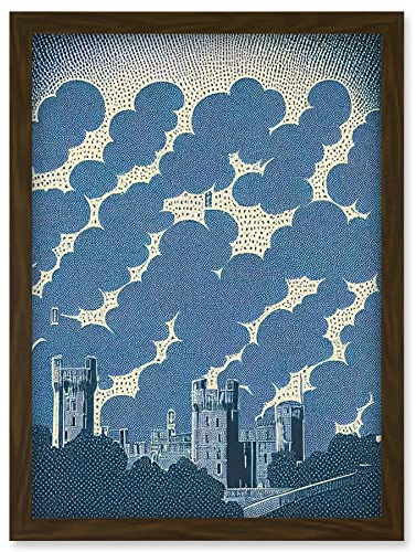 Wee Blue Coo Windsor Castle with Cloudy Sky Lithograph Illustration in Blue Artwork Framed Wall Art Print A4
