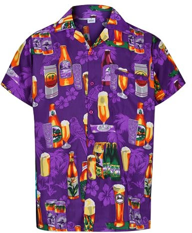 REDSTAR Hawaiian Shirts for Men Funny Shirts with Short Sleeves - Hawaiian Fancy Dress Mens Hawaiian Shirt Button Down Beer Shirts for Men - Ugly Shirts for Stag Do Accessories (Large, Purple)