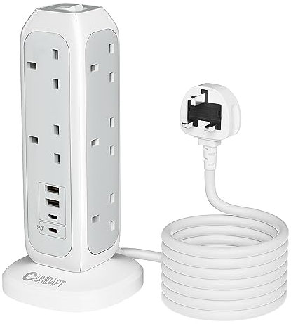 Unidapt Tower Extension Lead with 4 USB Slots, 20W USB C Fast Charger, 15-Way Surge Protected Multi Plug Socket with Switch, 2M Extension Cable, Power Strip for Home & Office