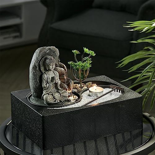 BTGGG Water Feature Outdoor Indoor Tabletop Cascading Tiered Buddha Water Fountain with LED Lights 29 x 21 x 22cm Fit for Countertop Garden Terrace, Pond, Balcony