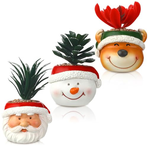 FoldTier 3 Pcs Christmas Artificial Succulent Plants in Pots Resin Mini Fake Flower Planter Santa Reindeer Snowman 4.5 Inch Small Faux Pot Plants Christmas Decorations for Home Indoor Decor
