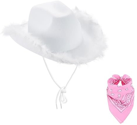 Qianderer Cowboyhut mit Bandana – Federboa-Cowgirl-Hut für Damen und Herren, Junggesellinnenabschied, Halloween, Weißer, roher Rand, Einheitsgröße