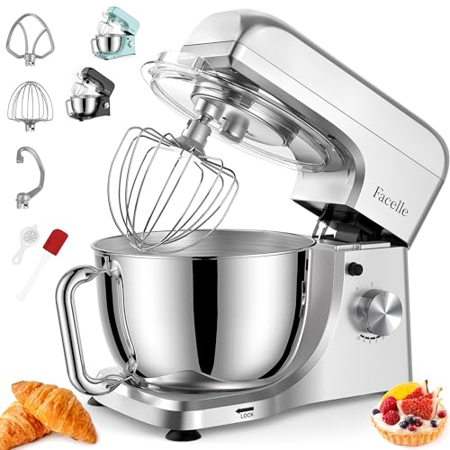 Facelle Batidora Amasadora, 10 Engranajes con Pulso Batidora Amasadora Reposteria, 1300W Amasadora de pan con Bol de Acero inoxidable de 5.5 L, Gancho amasor, Batidor plano y Varillas (Plata)