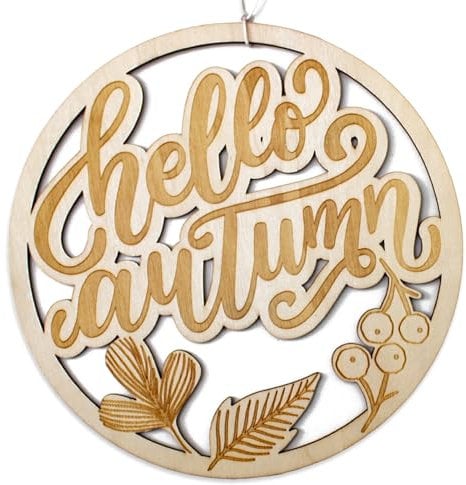 Papierdrachen Holzcutout Herbst Ring mit dem Schriftzug “Hello Autumn” aus Pappelholz - Herbstdeko zum Aufhängen - Maße 22 x 22 cm - inkl. Schnur - Set 01