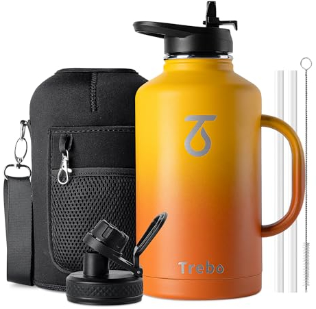 Trebo Insulated Water Bottle 2L, Stainless Steel Water Bottle 2L Metal Bottle 2L with Handle Metal Large Jug Travel Flask with Straw Spout Lid Mug Tumbler Cup with Carry Pouch Keep Cold Hot, Orange