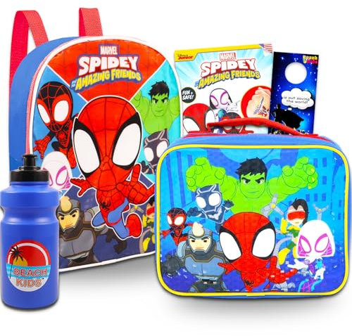 Spidey and His Amazing Friends Mini mochila y lonchera – Paquete con mochila Spiderman de 11 pulgadas, lonchera Spidey, botella de agua, tatuajes, más | Juego de mochila Spidey and Friends