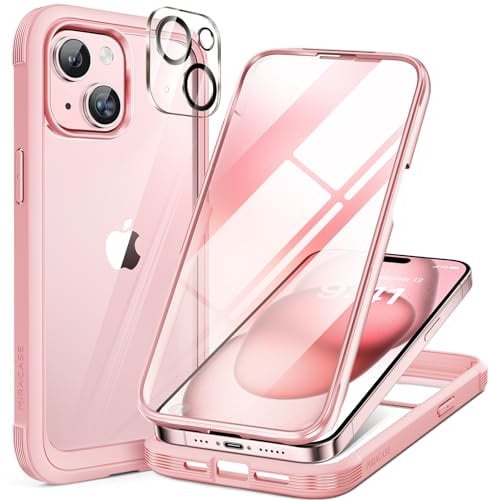 Miracase Glass Case for iPhone 15 Case 6.1-Inch, Full Body Bumper Clear Back Cover and Built-in 9H Tempered Glass Screen Protector + Camera Lens Protector (Pink)