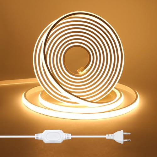 HEGEHE Tira de LED COB 4m, Flexible Tiras de Neón 220V con Cable de Alimentación, Cada Corte de 50cm, 288LEDs/m Blanco Cálido Luz de Cuerda de Alto Brillo para decoración de Navidad e iluminación