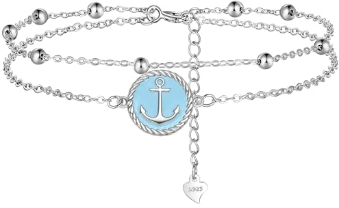 Lydreewam Anker Fußkettchen 925 Sterling Silber für Damen Blau Emaille Doppel Fußkette mit Kugeln Sommer Strand Fusskette, verstellbare 22+4cm