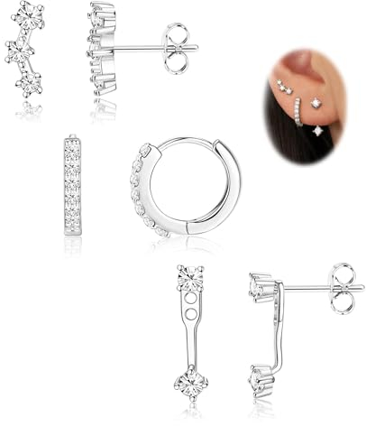 Ohrringe Silber 925 Set Für Damen - Hypoallergen Piercing Ohr Creolen Gold Kleine Ohrstecker Silber 925 Stapelbar Zirkonia Ohrstecker Ohrringe Helix Piercings Für Mehrere Ohrlöcher,CZ