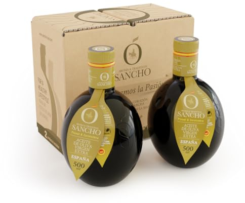 Aceite de Oliva Virgen Extra Picual con Cornicabra Pack Premium 2x 500ml Botella Vidrio AOVE SANCHO Gourmet Intenso Aromatico Cosecha Temprana Primera Extracción en Frío Origen España DOP La Mancha