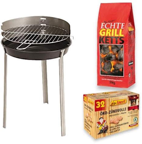 Rundgrill mit Windschutz Ø 34 cm + Grill Holz Kohle 3kg + Öko-Zündwolle 32 stk. | SET-Angebot Grillabende im Freien, für Balkon und Camping, kompaktes Design, für Grillfans