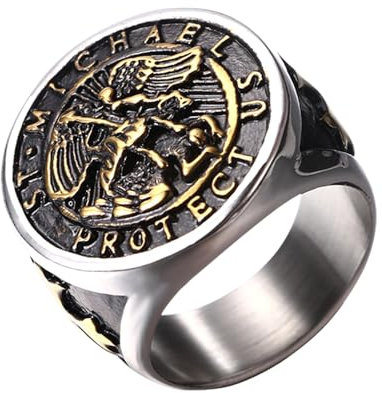 JewelryWe Heiliger Michael Ring Herren: Gold Silber Edelstahl Herren-Ring Erzengel St. Michael Amulett Schutzpatron Siegelring Retro Medaille Bandring Christliche Religiöse Schmuck Geschenk Größe 65