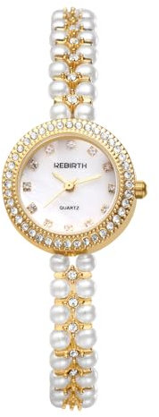 JewelryWe Damenuhr Strass Perlen Uhr: 30m Wasserdicht Glitzer Diamant Perlenuhr Damen Analog Quarz Armbanduhr Gold Elegant Klein Rund Lässige Uhr mit schmalem Metallarmband