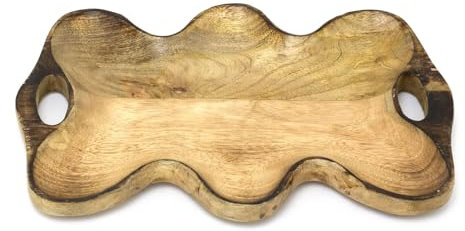 Carousel Home Rustic Mango Wood Serving Tray | Wavy Edge Wooden Platter with Handles | Snack & Sharing Board for Appetisers - 35cm