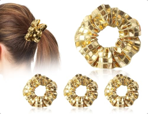 Emezddo 3 Stück Haargummis,Paillette Pferdeschwanz Scrunchies,Glitzer Elastische Haarschmuck,verwendet für Damen Mädchen Sport Disco Karneval Mottoparty Geburtstag(Gold)