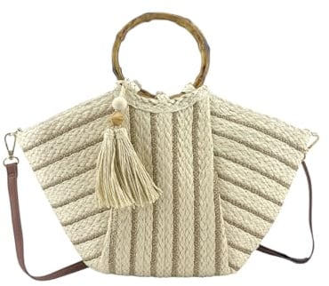MODELISA - Bolso Capazo De Hombro Y Mano Rafia Paja Playa Borla Decorativa Correa Ajustable Mujer (Beige)