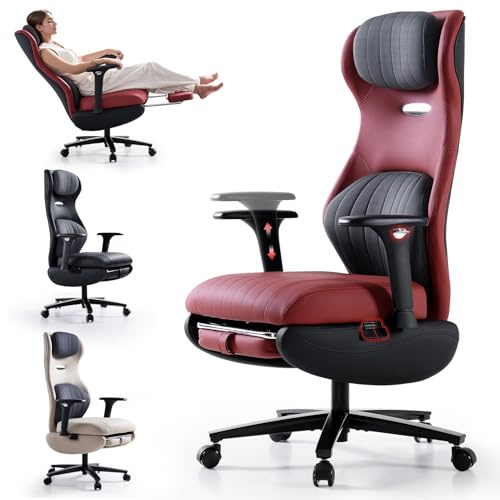 EMIAH Ergonomischer Bürostuhl, Schreibtischstuhl mit Fußstütze aus PU Leder, Verstellbare Armlehnen Compute Stuhl, Hochlehner Gaming Stuhl, Chefsessel mit Kopfstütze und Lendenwirbelstütze, Rot