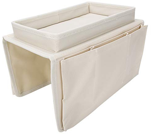 Agatige Sofa Armrest Organizer with Cup Holder Tray , Couch Remote Caddy Control Holder Sofa Organizer with Detachable Wooden Snack Tray (Beige)