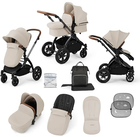 Ickle Bubba Stomp Luxe 2-in-1 All-Terrain Pram (Black/Stone/Tan) | Birth to Approx. 4 Years, Includes Rain Cover, Footmuff, Apron & Sunshade, Foldable with Puncture-Proof Wheels