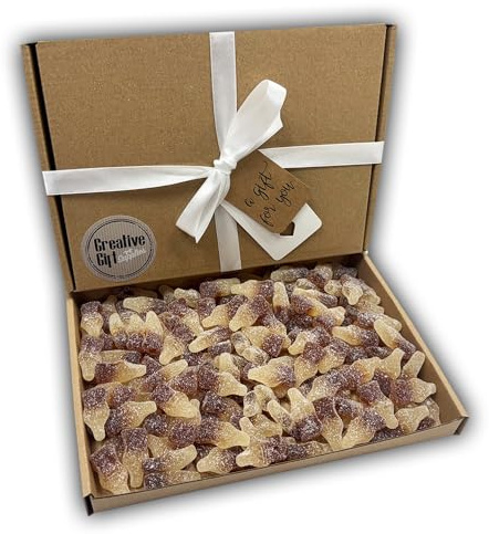 Fizzy Cola Bottles Sweets Gift Box Hamper For Any Occasion (Brown Box, White Ribbon)