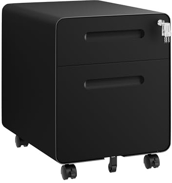 HOMSTEEL Caisson de Bureau Metal,Caisson à 2 Tiroirs,46Px40Lx48.5Hcm,Noir | Caisson de Rangement Mobile,Coins arrondis, Meuble de Rangement Bureau,avec Serrure,4 Clés,Prémonté