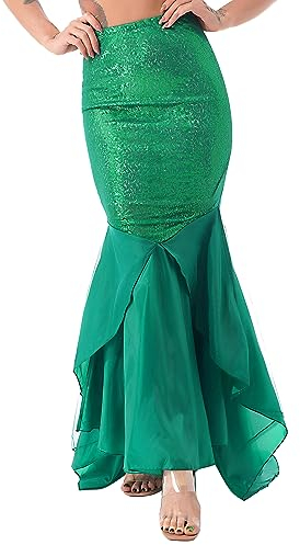 Freebily Damen Meerjungfrau Schwanz Kostüm Rock Mermaid Tail Pailletten Röcke Maxirock Festlich Bodenlang für Karneval Fasching Halloween Party Grün XXL