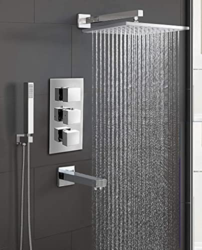 Nes Home | Lily Chrome Square 3 Way Concealed Thermostatic Shower Mixer Set - Shower Head, Handset & Bath Filler Spout