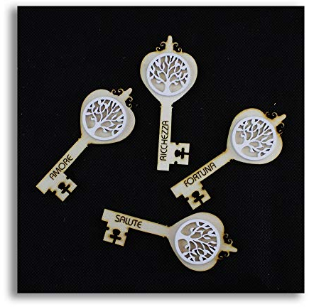 DLM-27839 (Kit 12 Pezzi) Calamita Chiave Portafortuna in Legno Albero della Vita Confettata Segnaposto bomboniera