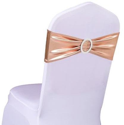 SINSSOWL Pack of 50 Spandex Rose Gold Chair Sashes for Wedding Pink Gold Chair Bows Sashes Chair Bands Buckles Fitting Birthday Party Events Bridal Baby Shower Chair Decorations